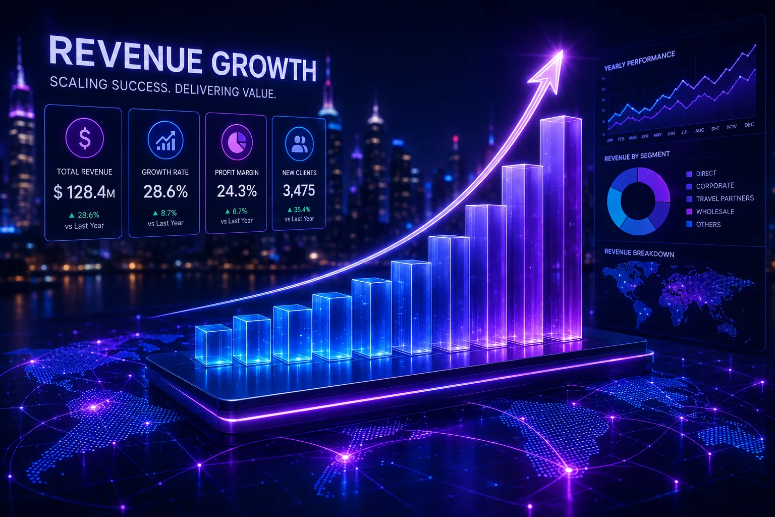 An illuminated performance chart trending upward