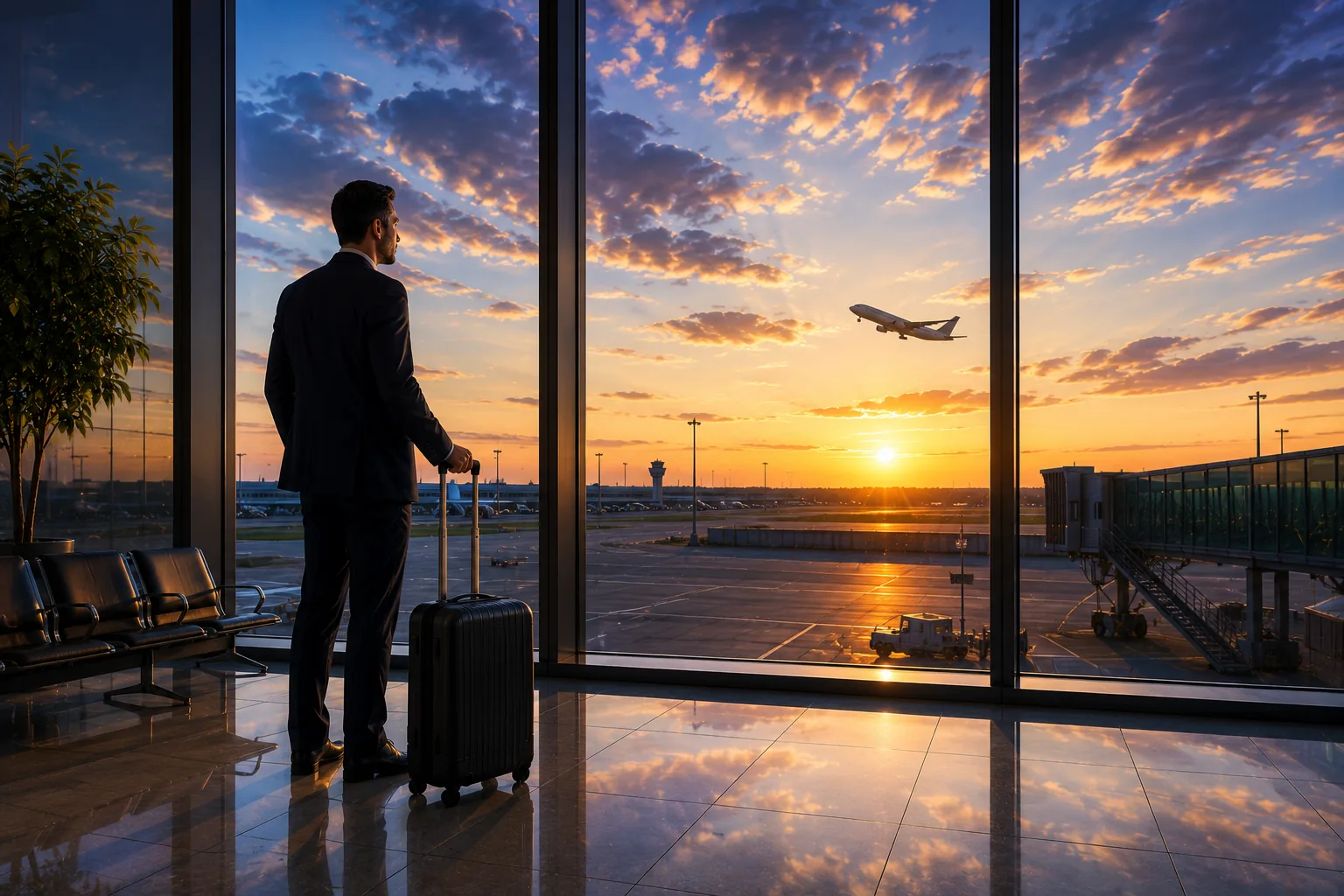 A business traveller moving through an airport terminal