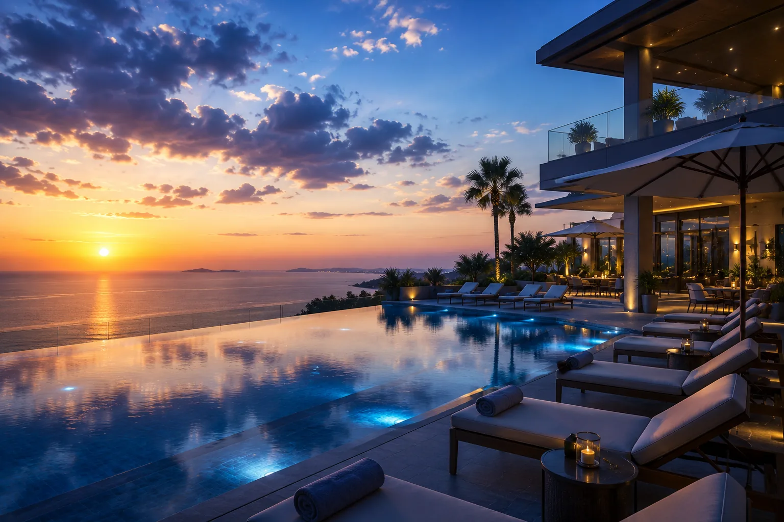 A luxury resort infinity pool at golden hour