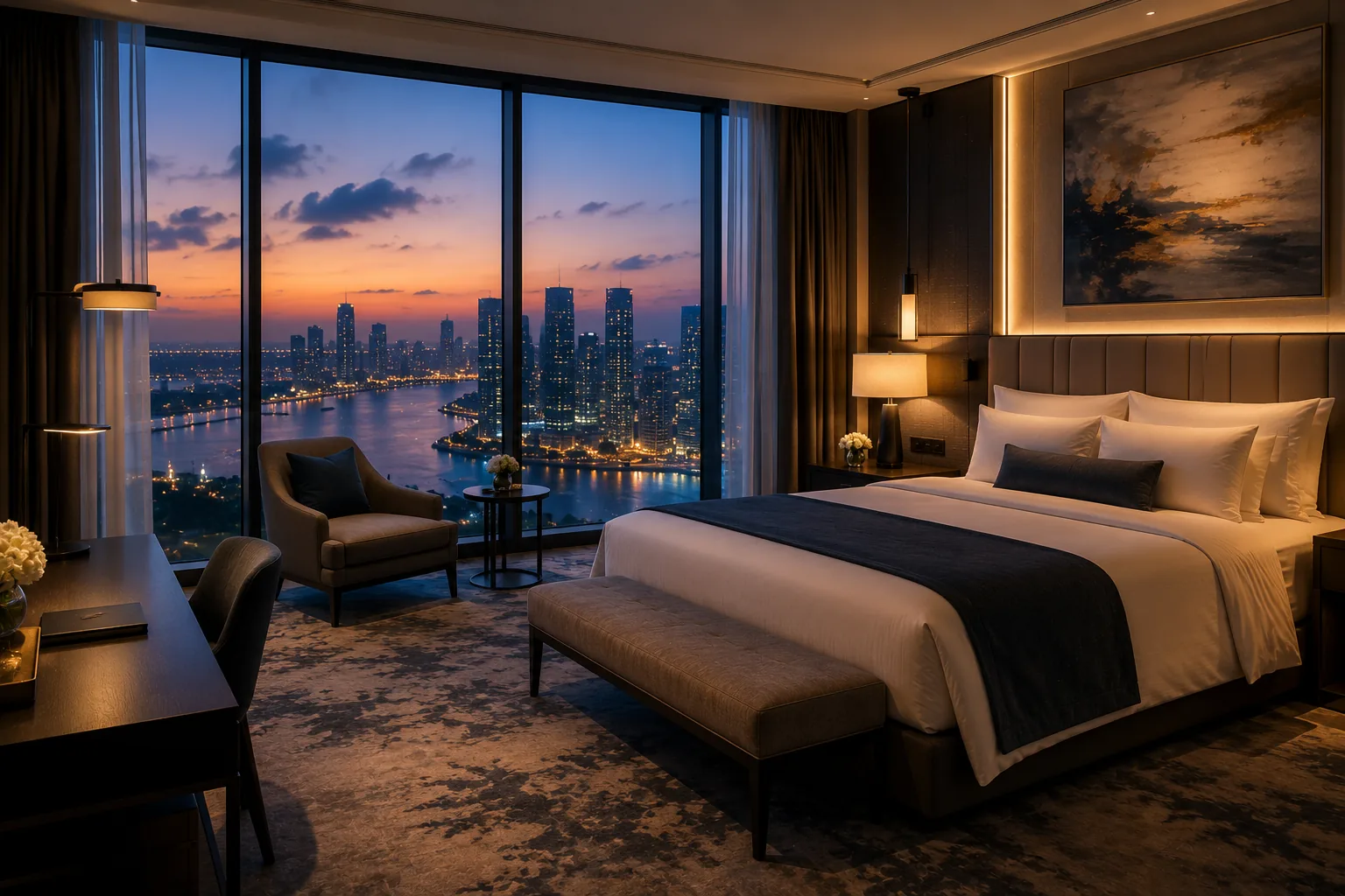 A luxury hotel suite with city views
