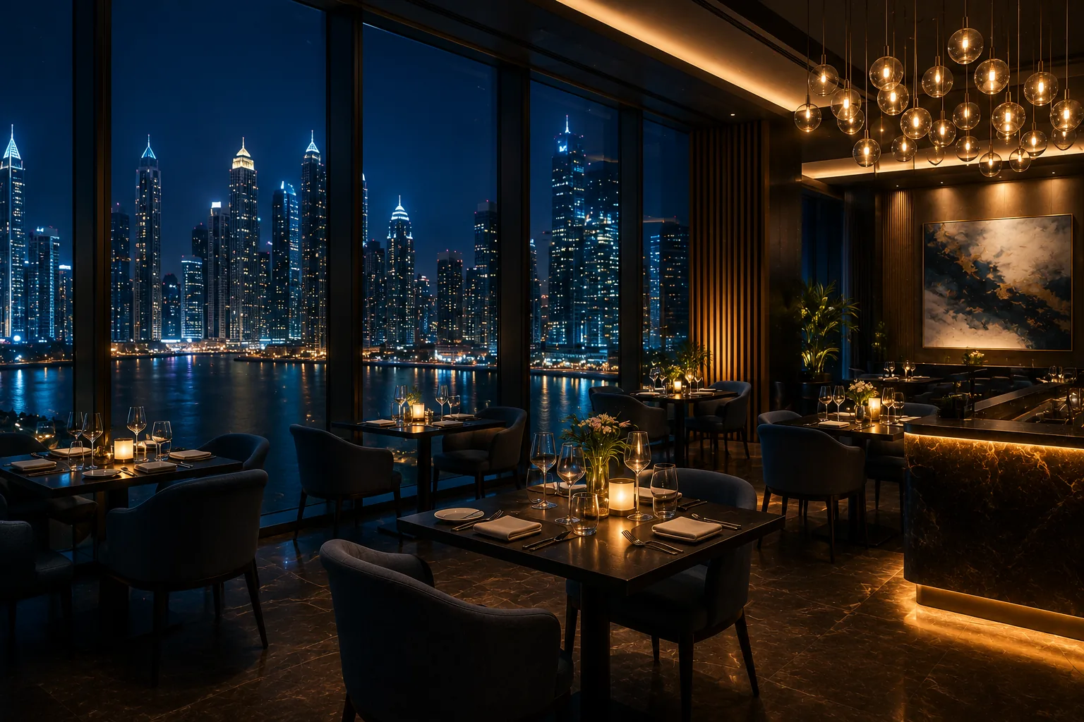 A luxury hotel restaurant set for evening service