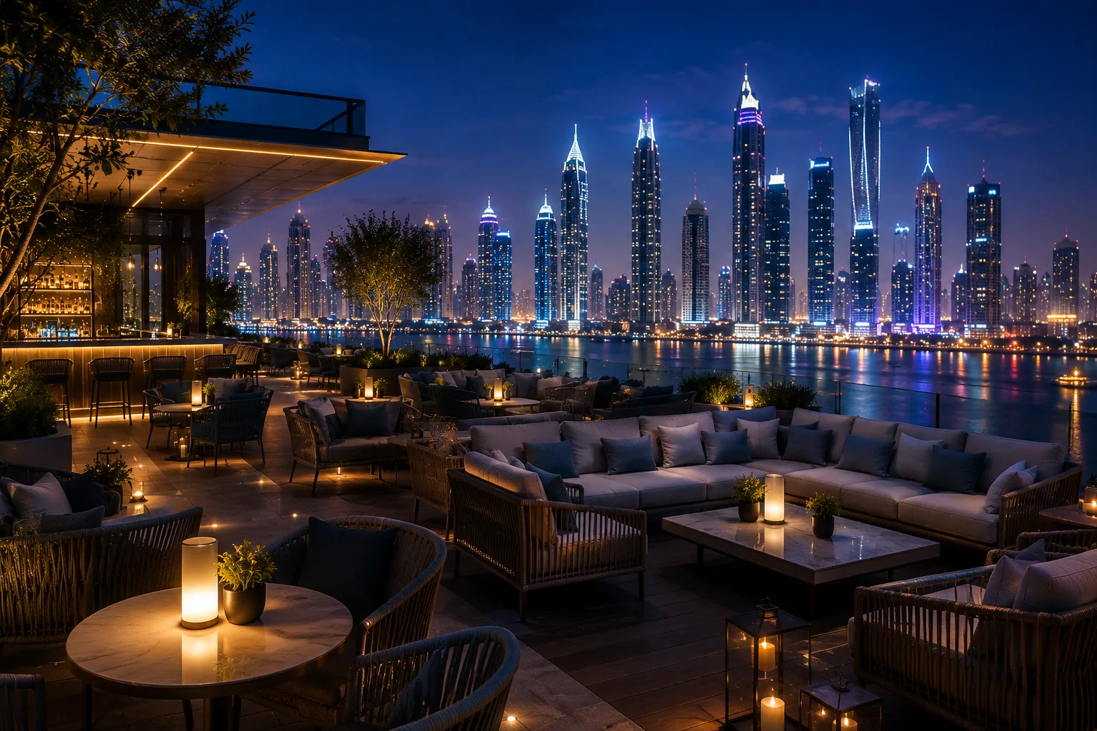 A rooftop lounge overlooking an illuminated city skyline