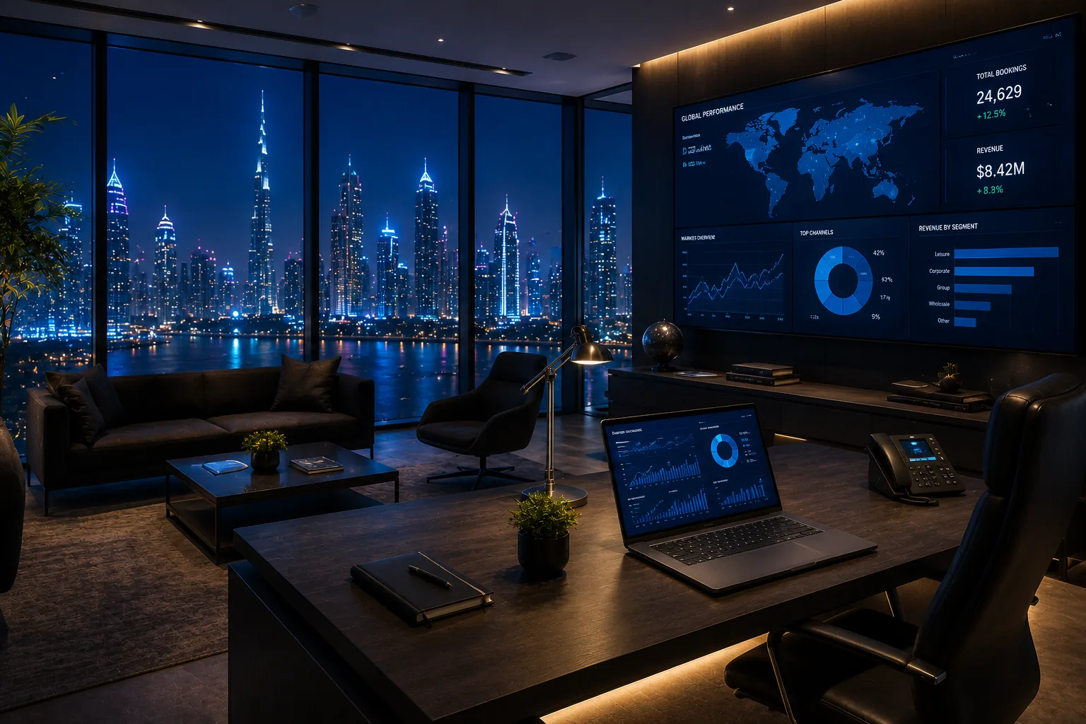 An executive workspace with large analytics displays