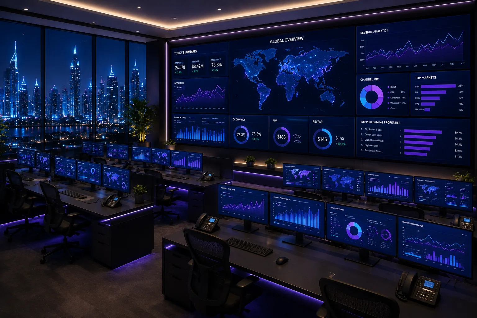 A large operations control room with wall displays