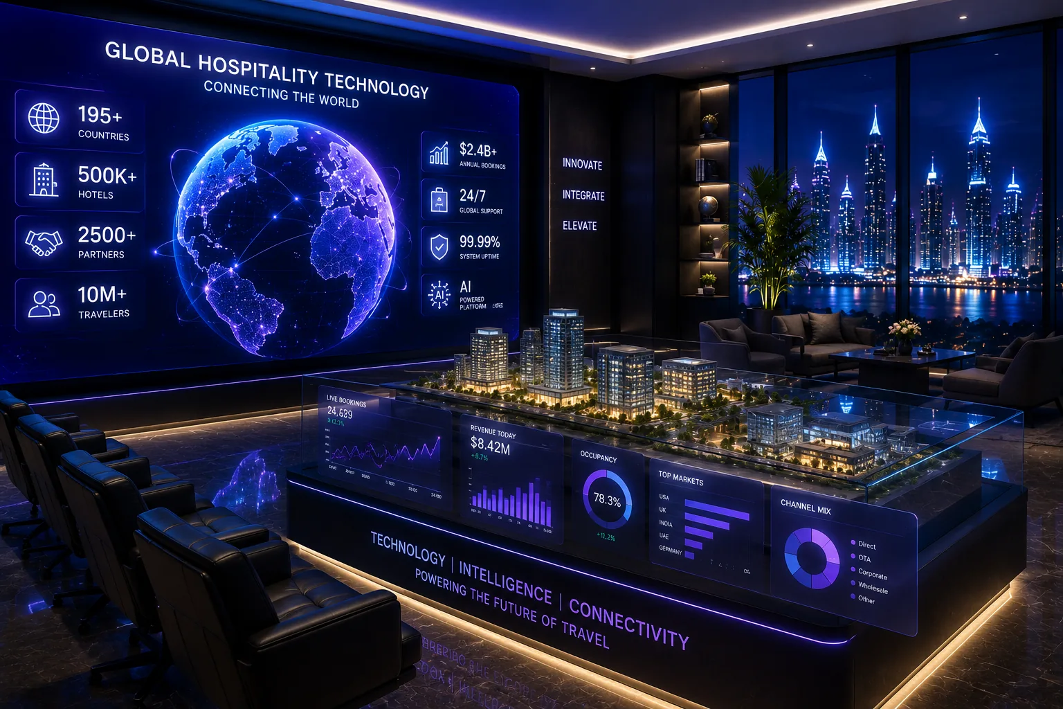 A hospitality technology showroom with connected displays