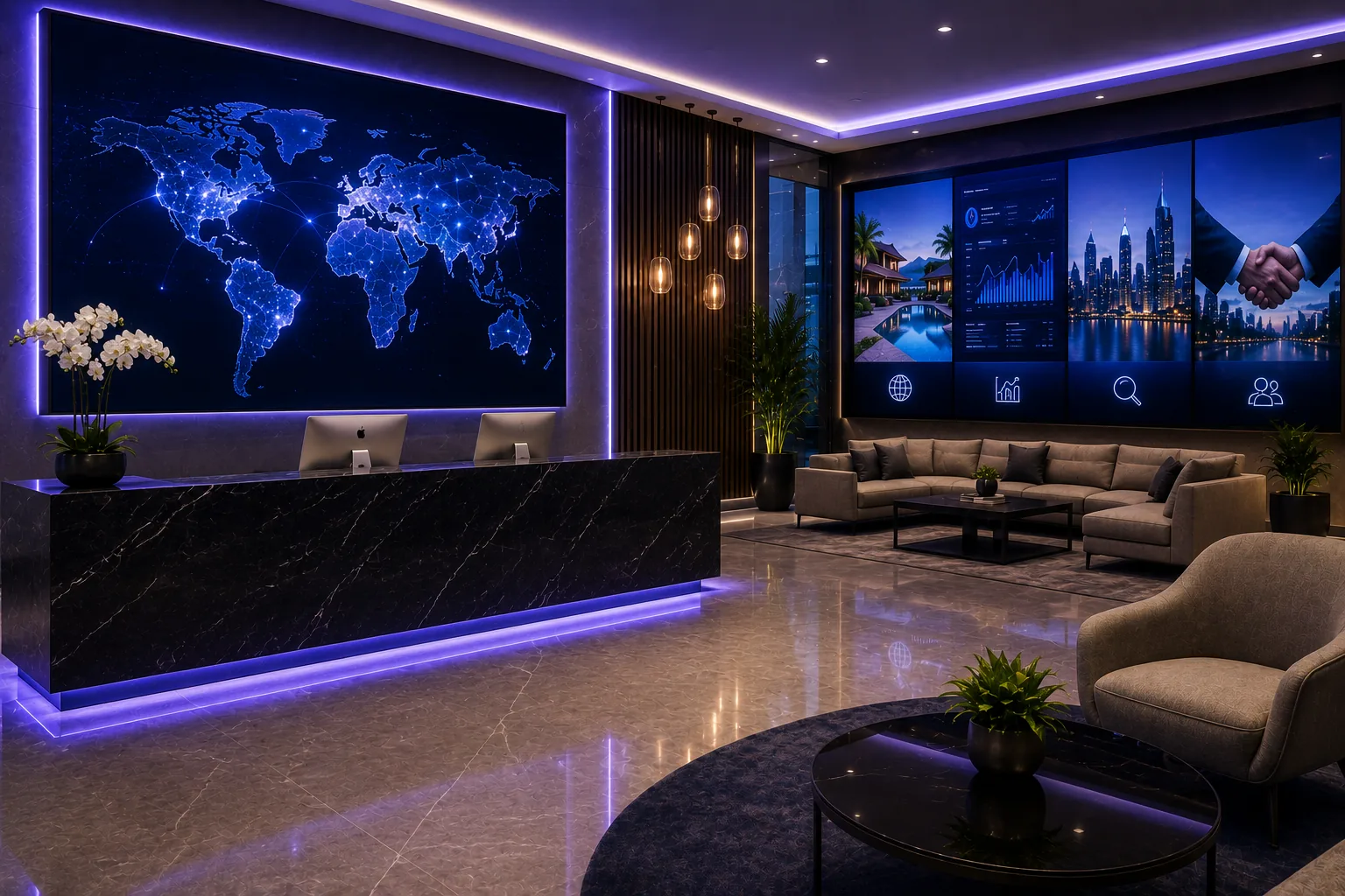A corporate reception space with global connectivity displays