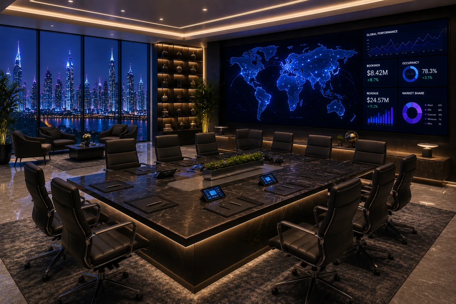 An executive boardroom prepared for a partnership meeting