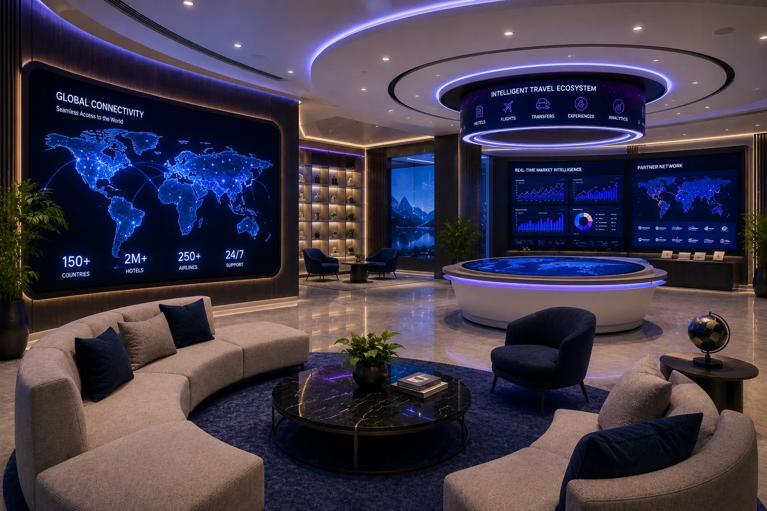 A circular innovation hub lit in blue and violet