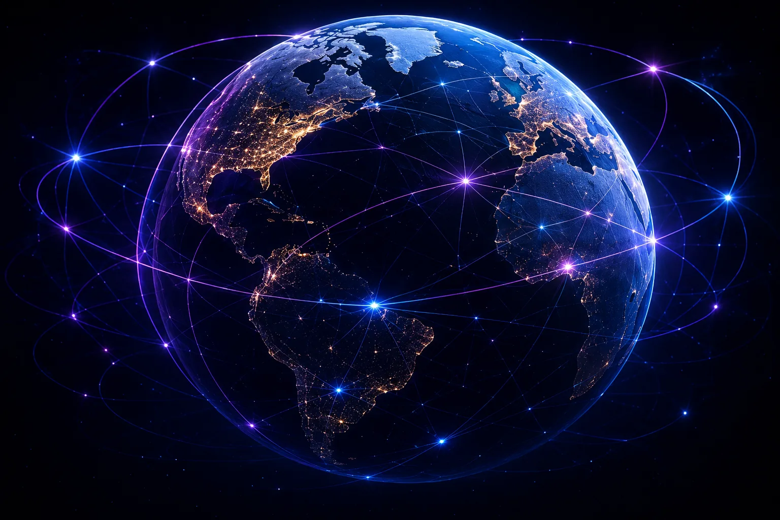 A luminous three-dimensional globe traced with network connections