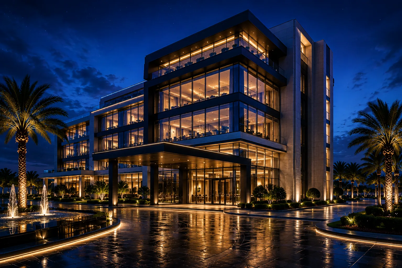 A luxury hotel tower illuminated at dusk