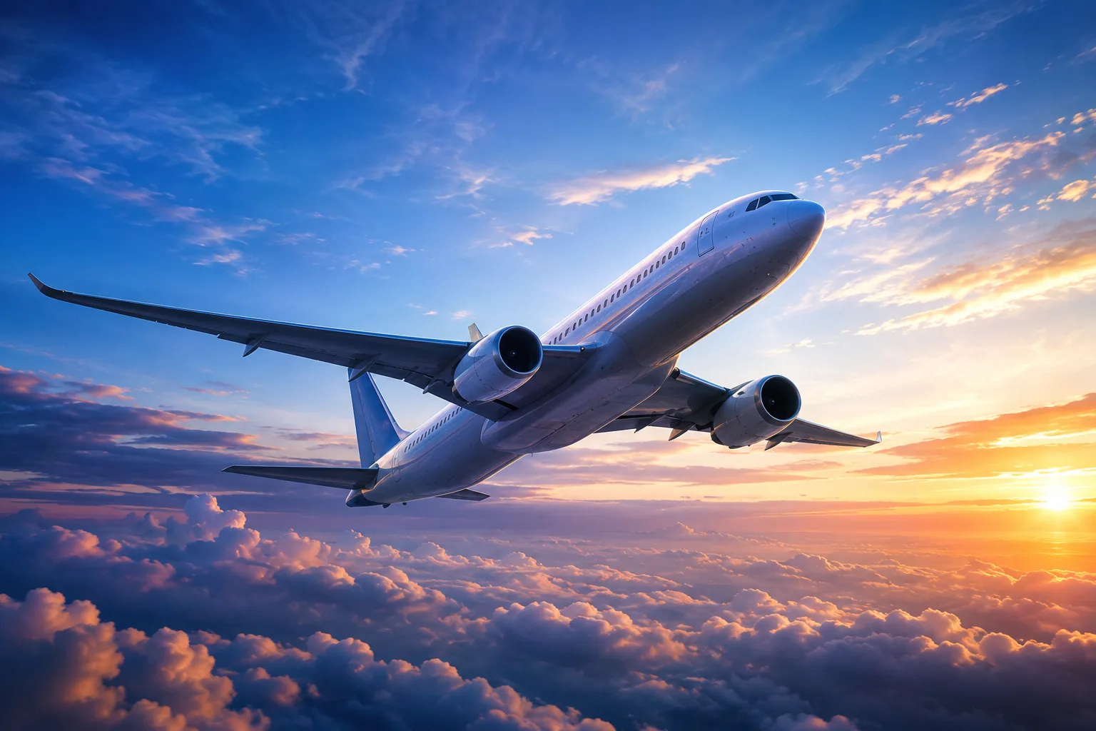 A passenger aircraft in flight above the clouds