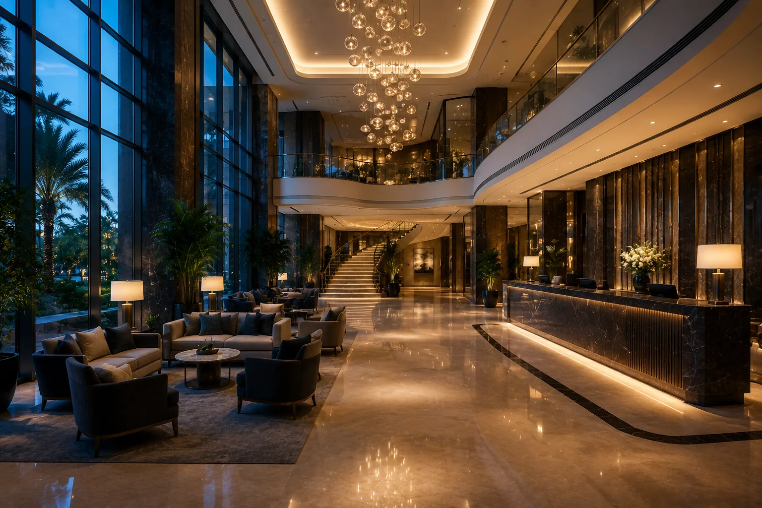 A luxury hotel lobby with warm architectural lighting
