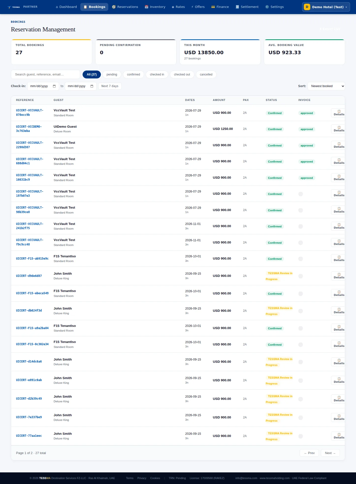 Reservation management table with filters and booking statuses