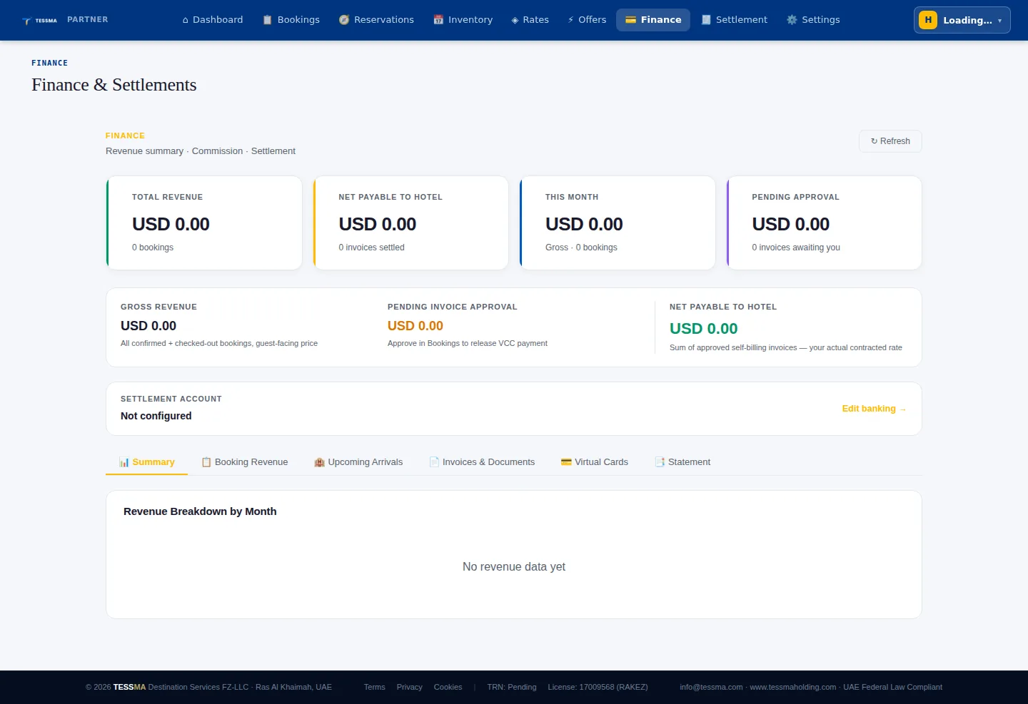 Finance and settlements summary screen
