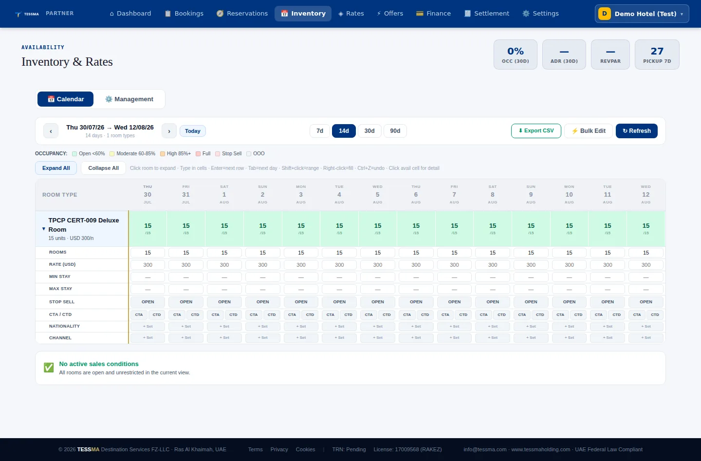 Inventory calendar grid showing room availability and rates