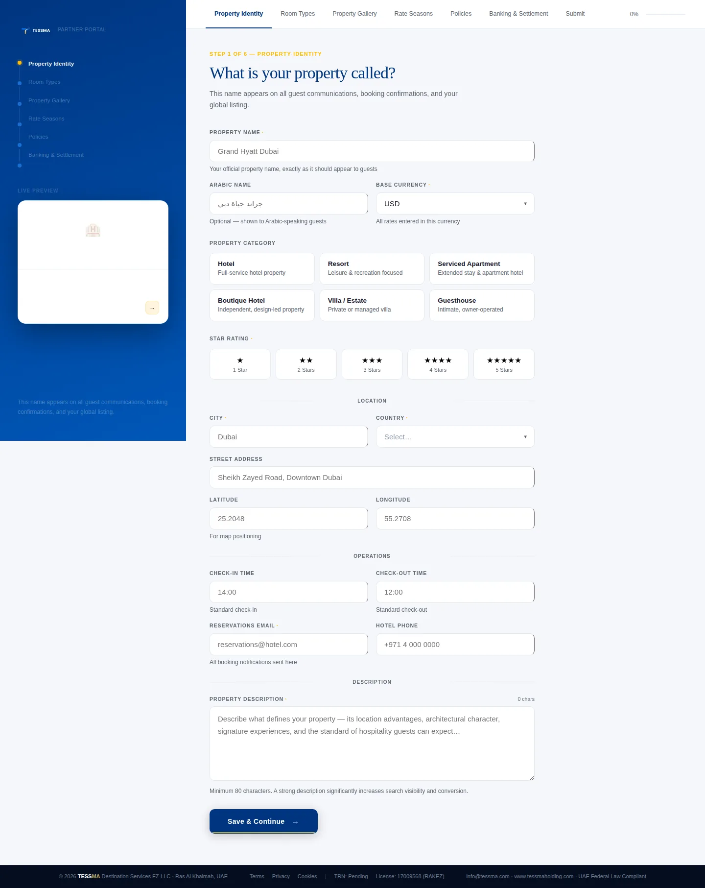 Property onboarding wizard, step one of six, with live listing preview