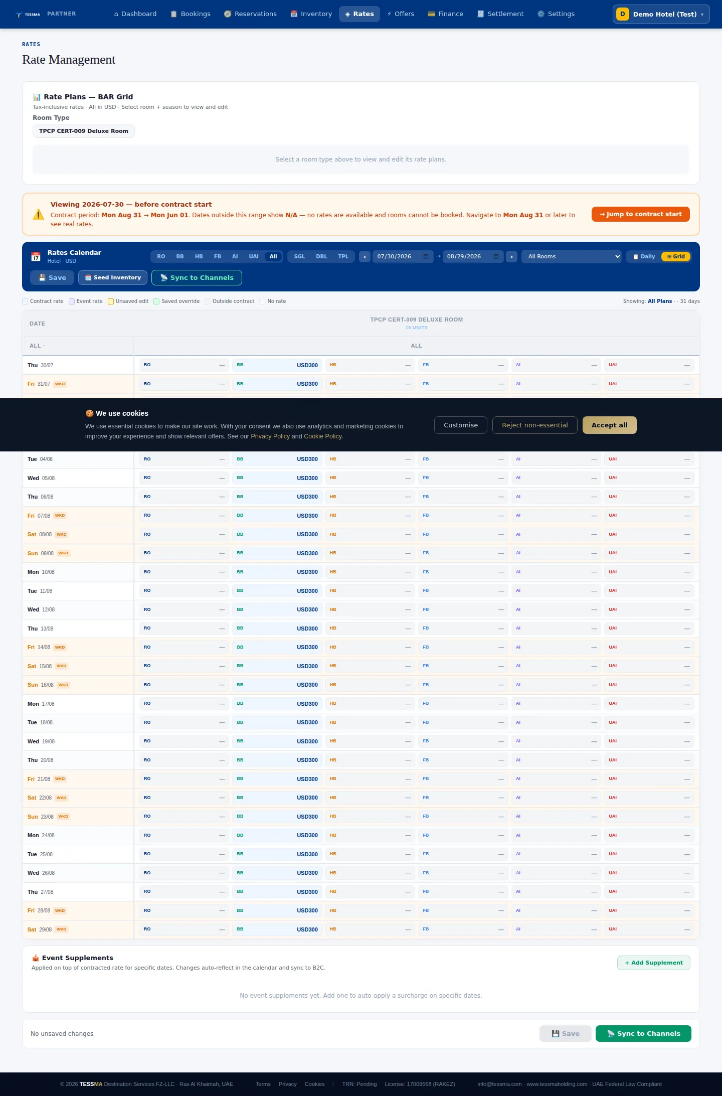 Rate management BAR grid across meal plans and dates