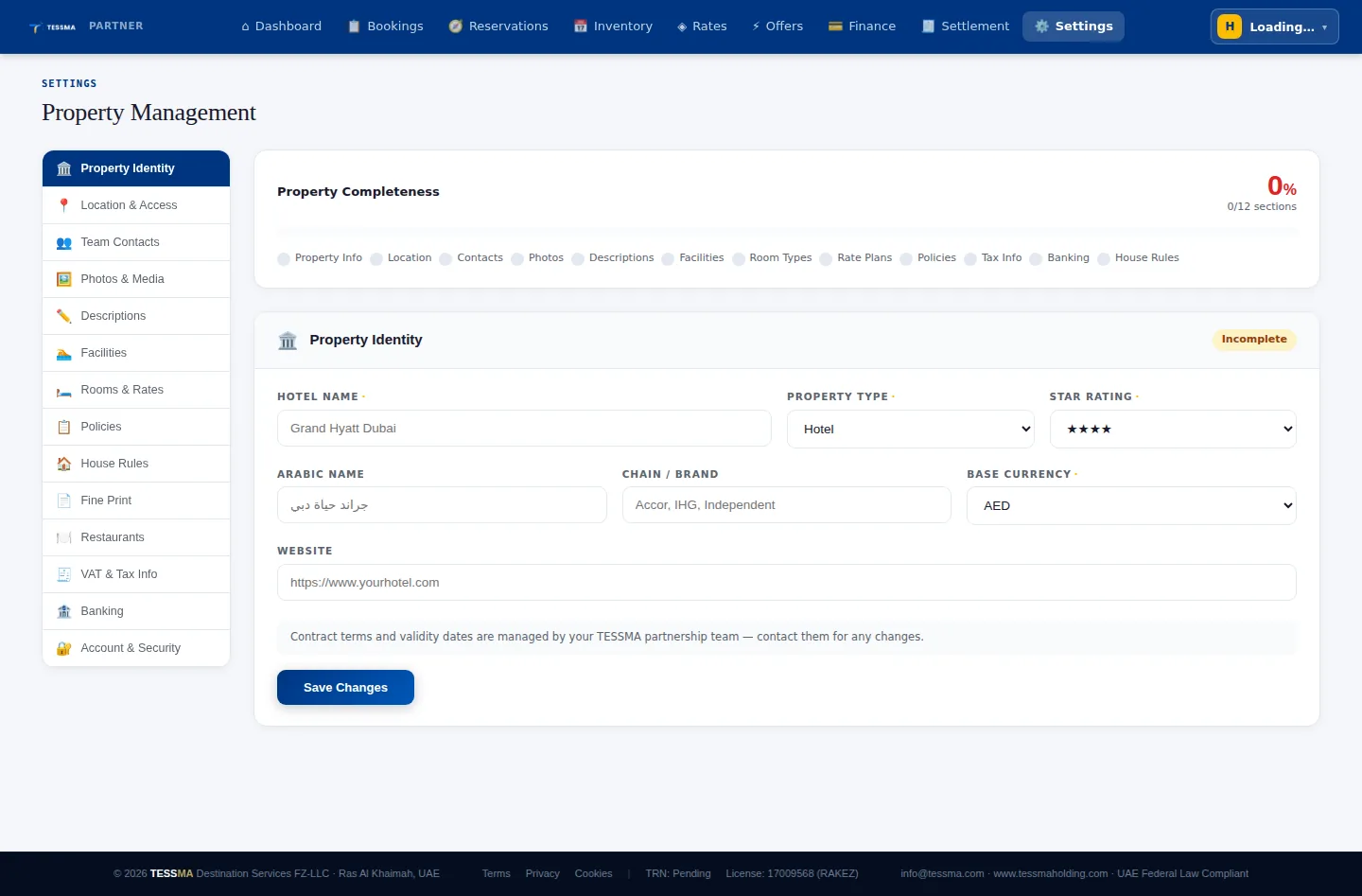 Property management settings screen